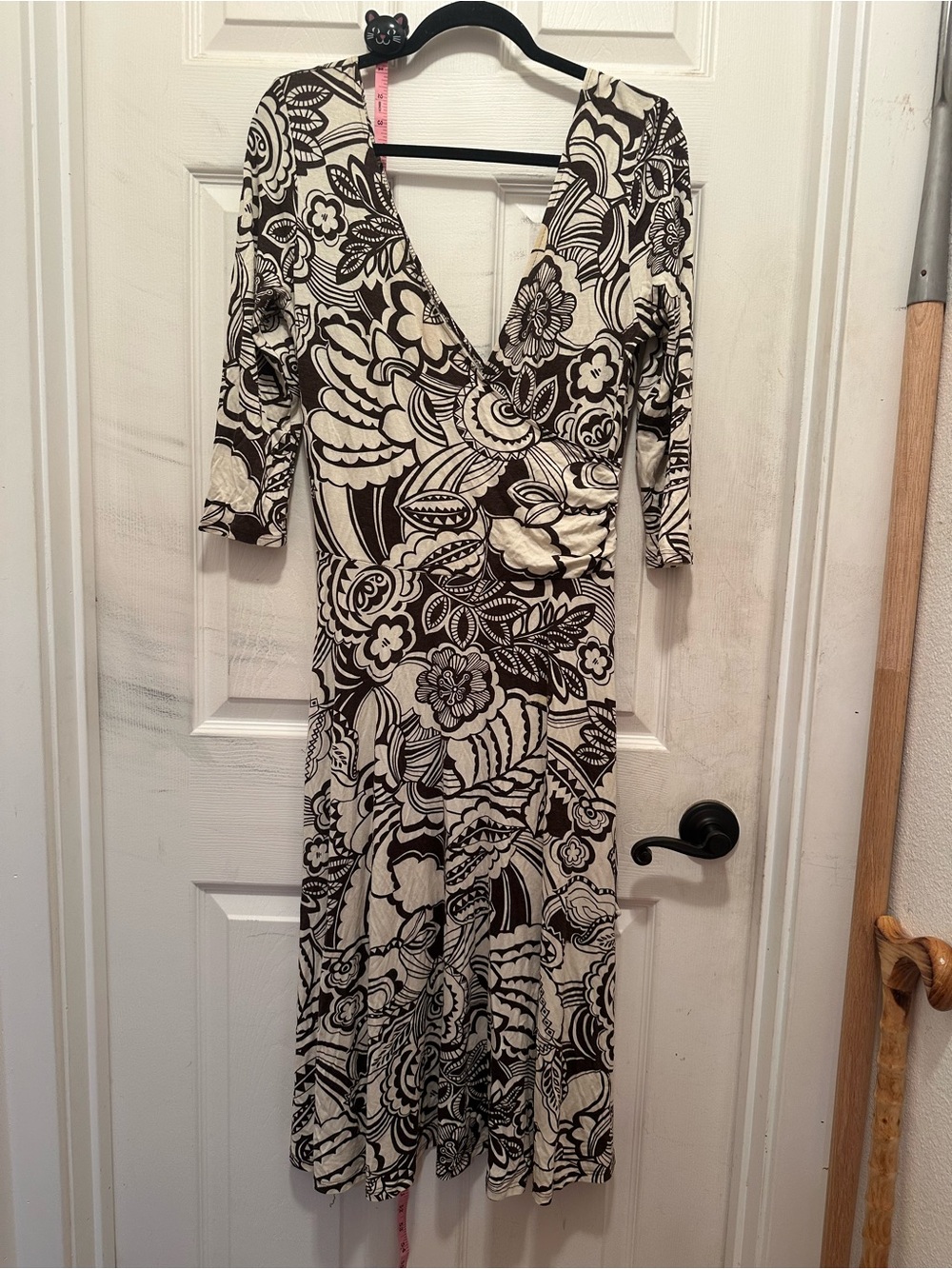 Floral Brown and White Long Sleeve Wrap-Style Midi Dress